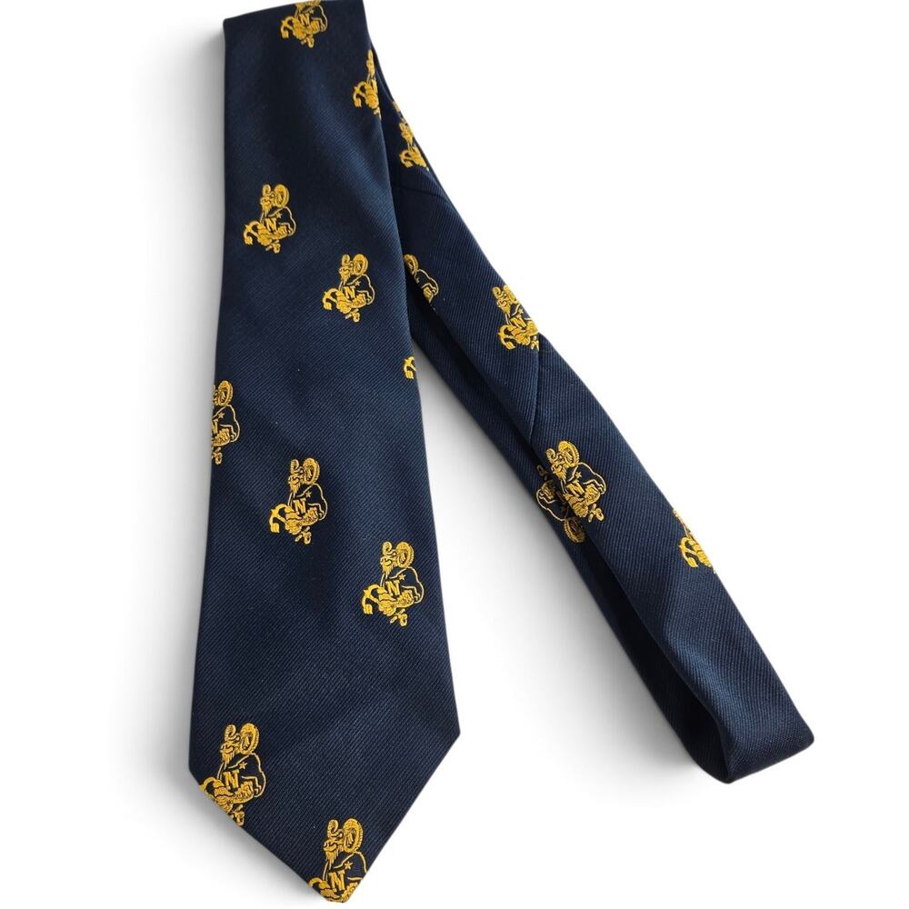 VTG 1970s US Naval Academy Tie USNA Bill the Goat Navy Blue Gold Mascot w Clasp